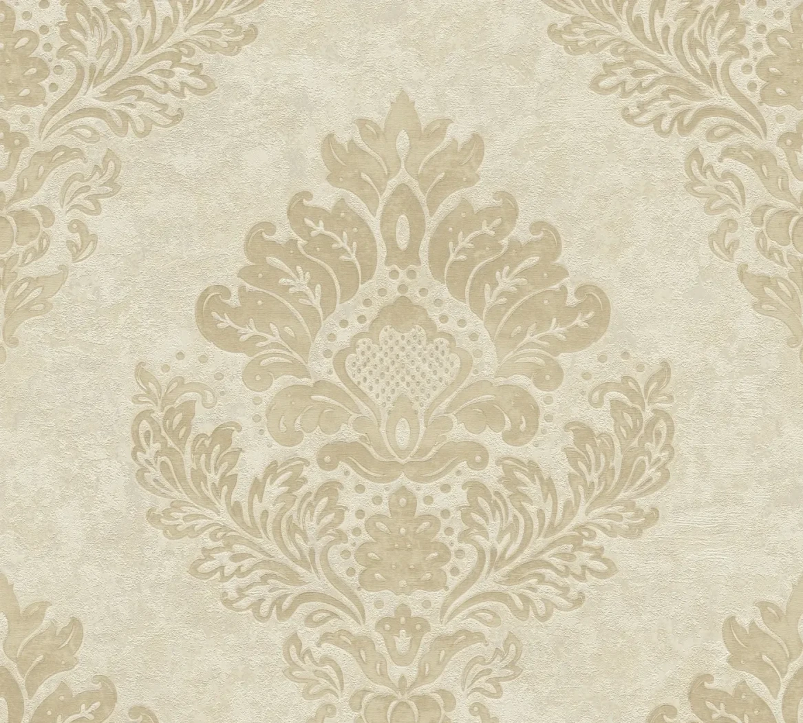 Wallpaper Veiled Hemp with gold-beige damask medallions on cream