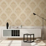 Wallpaper Veiled Hemp with gold-beige damask medallions on cream