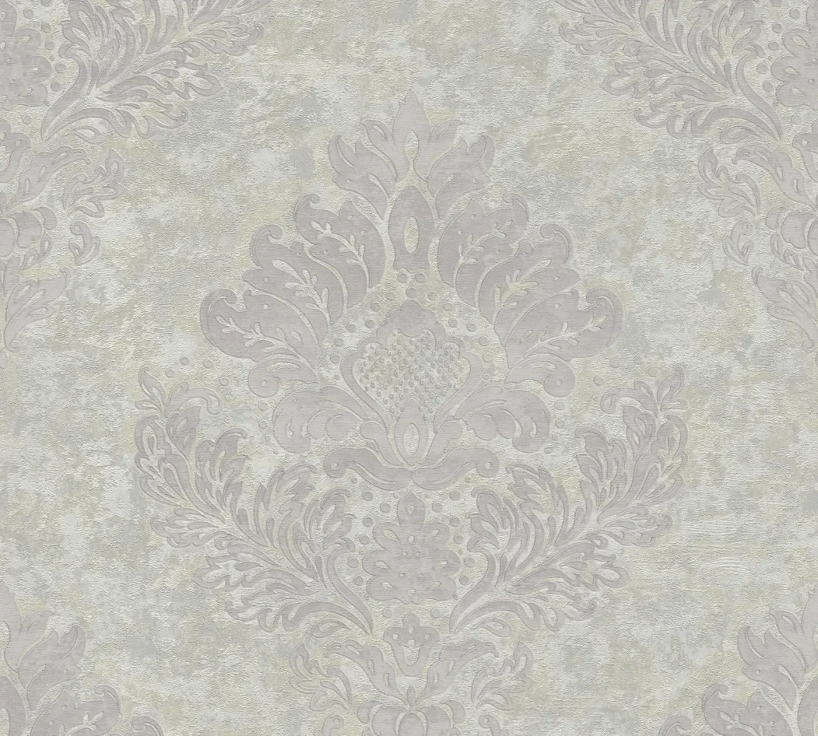 Wallpaper Veiled Zinc, light grey baroque medallions on taupe