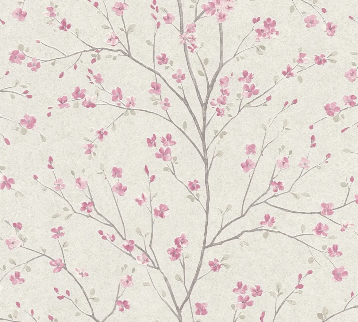Wallpaper Light Granite with pink blossom on taupe branches