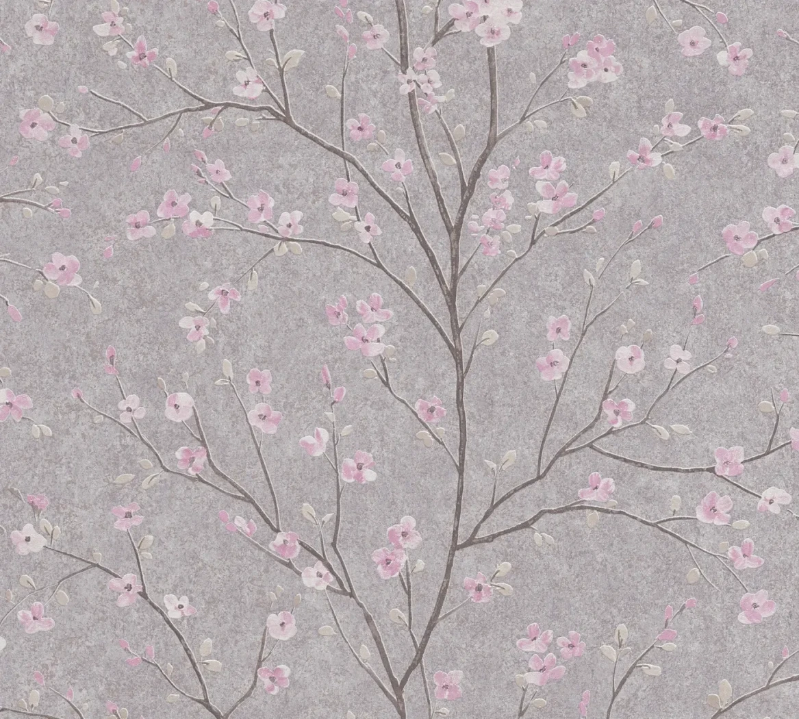 Wallpaper Soft Stone, pink blossom branches on mottled grey