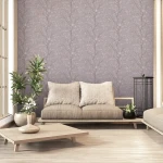 Wallpaper Soft Stone, pink blossom branches on mottled grey