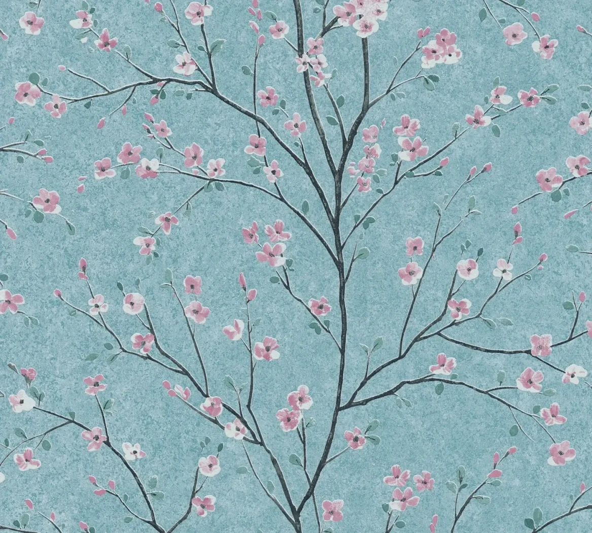 Wallpaper Soft Glacier, pink and white blossom on teal