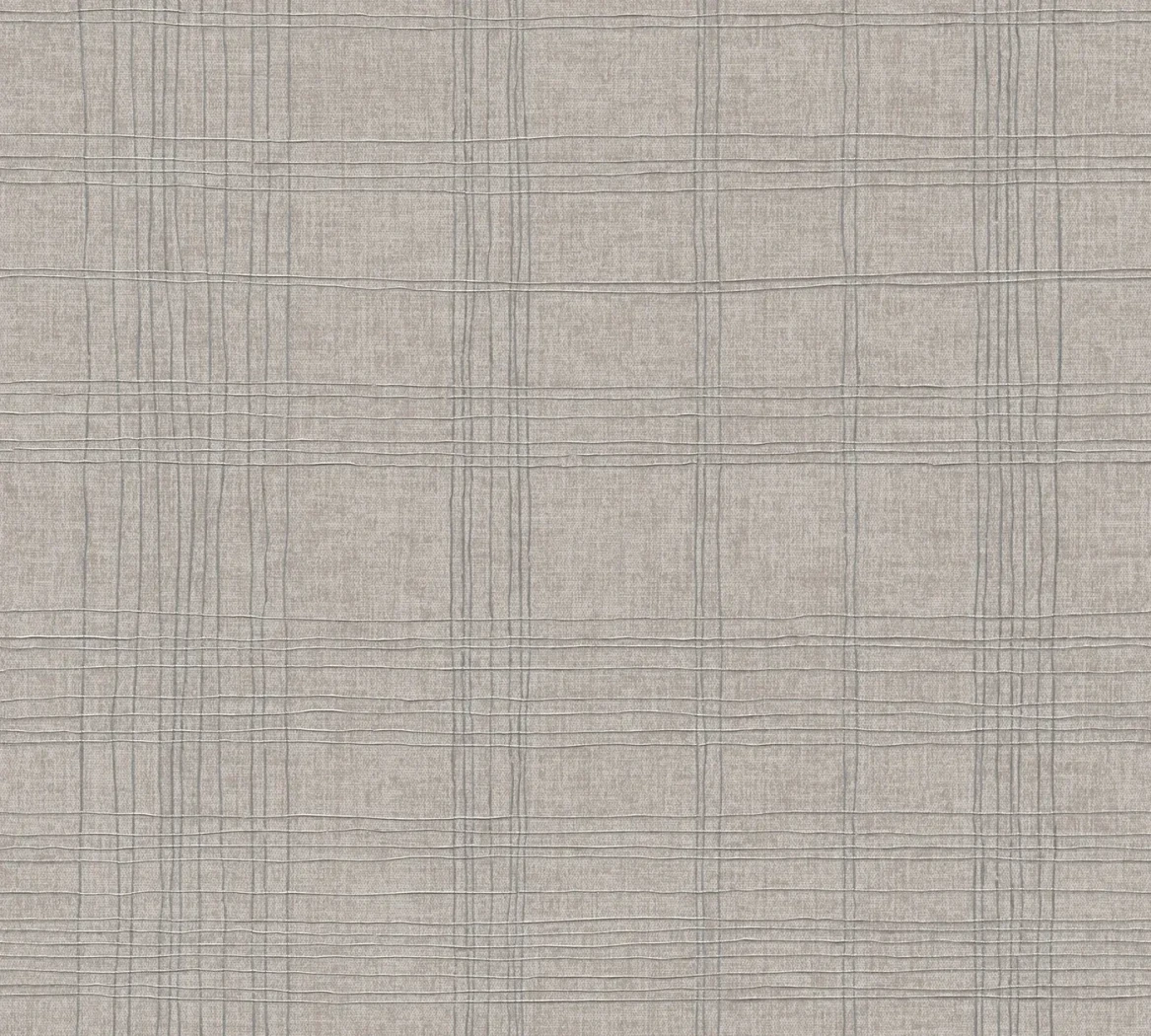 Wallpaper Soft Stone, grey woven grid on taupe-beige ground