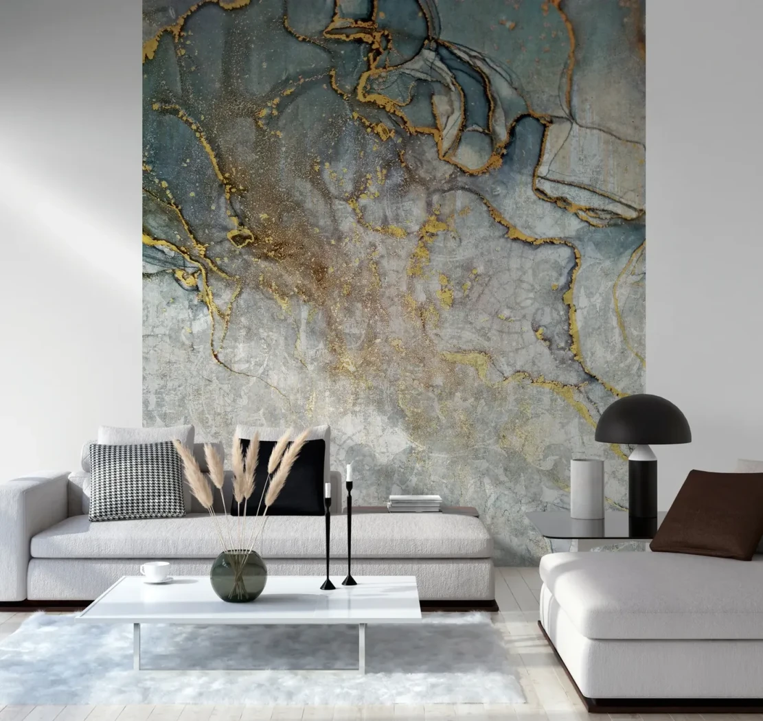 Wallpaper Ash Basalt, grey-blue marble mural with gold veins