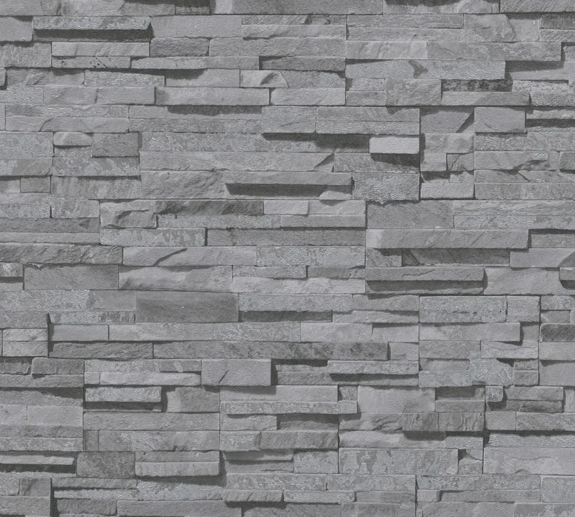 Wallpaper Misty Graphite, stacked slate-grey stone effect
