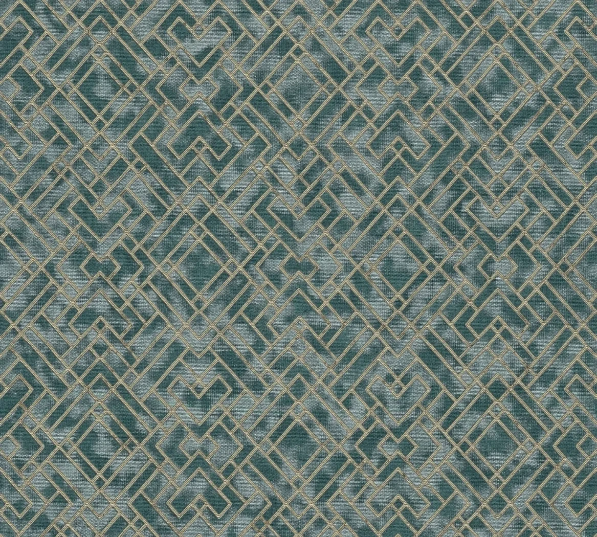 Wallpaper Ash Lagoon, gold diamond trellis on cloudy teal