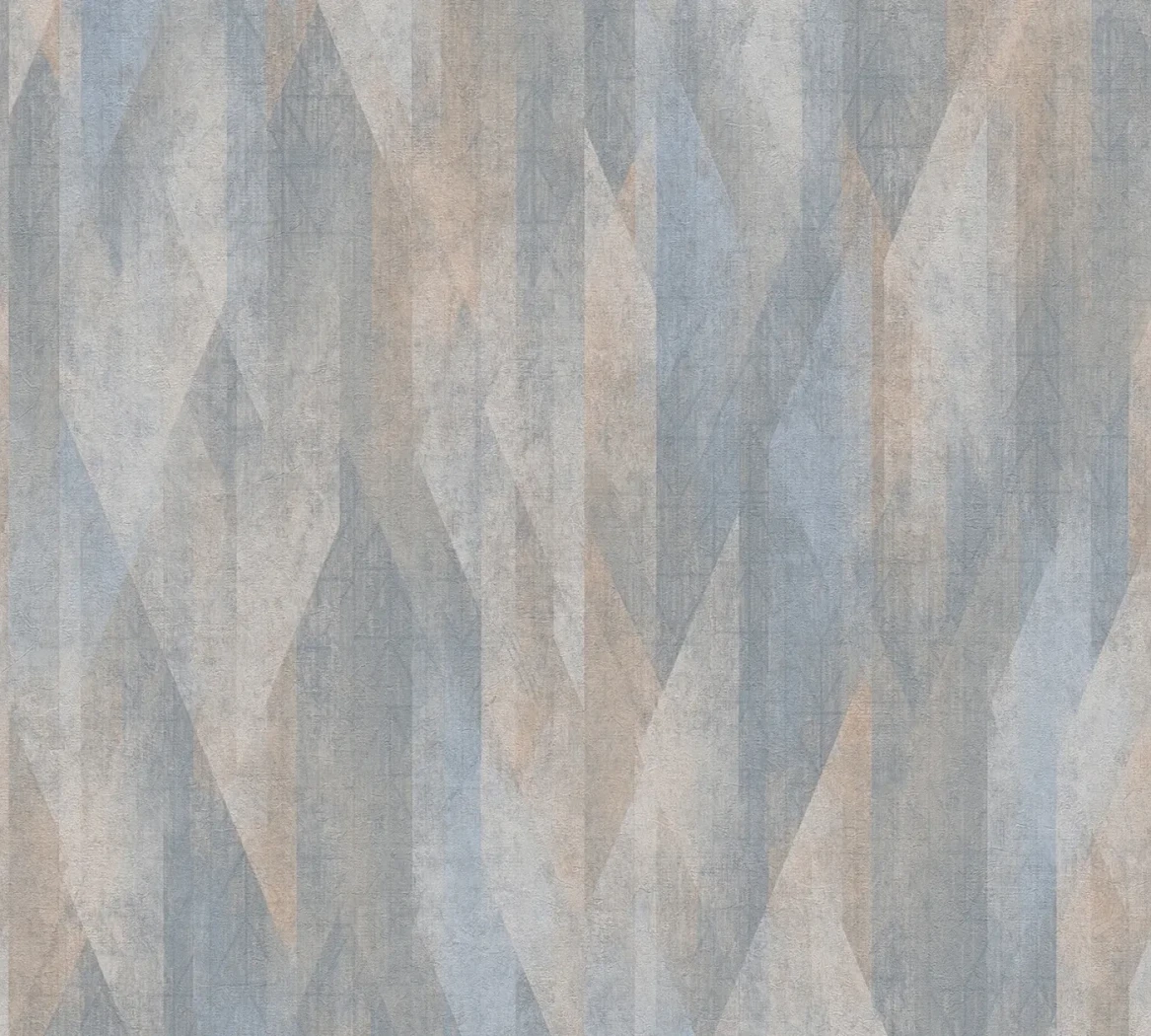 Wallpaper Veiled Chrome, blue, beige and grey faceted abstract pattern