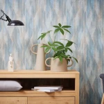 Wallpaper Veiled Chrome, blue, beige and grey faceted abstract pattern