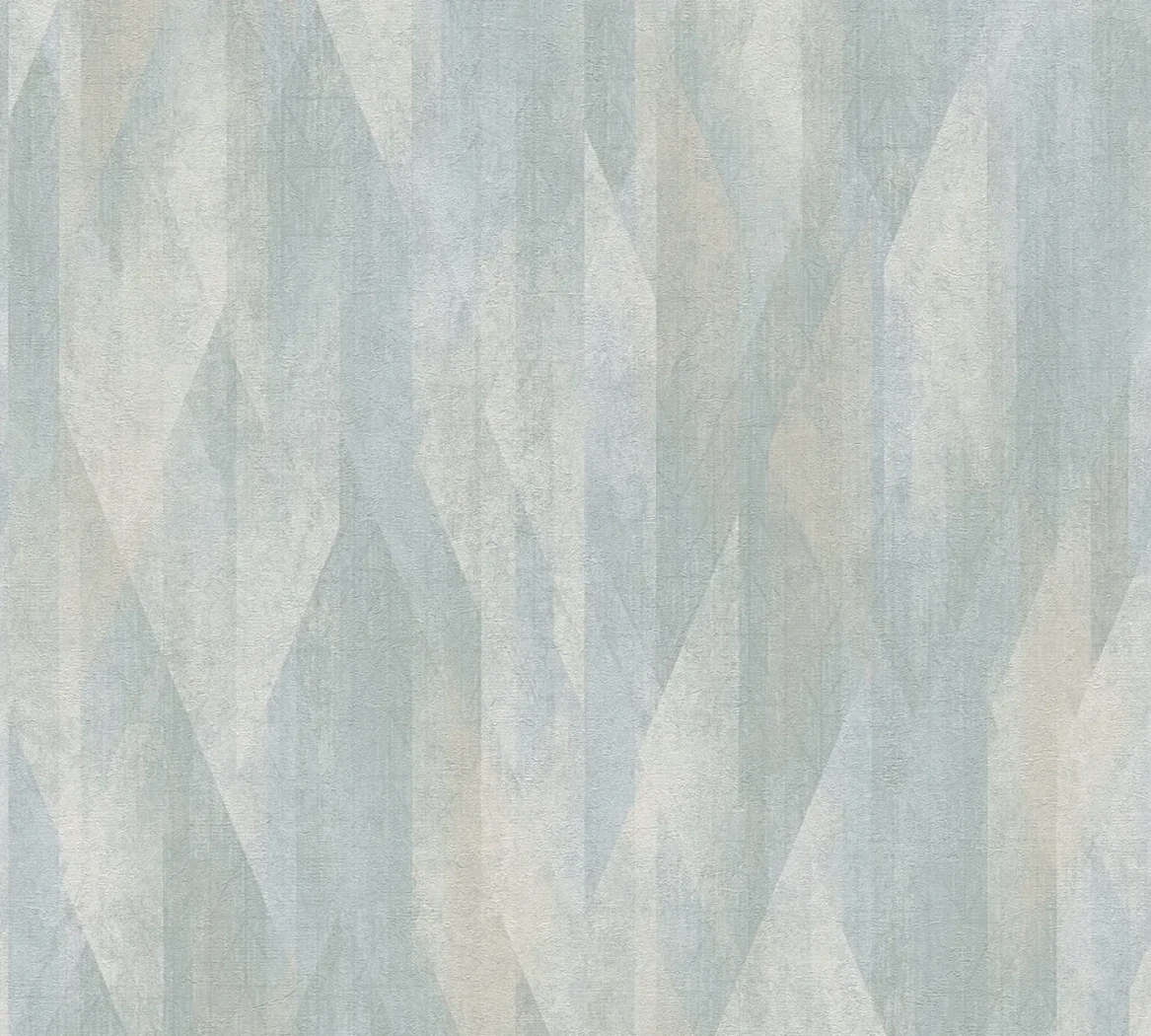 Wallpaper Veiled Ash, overlapping blue-grey and ecru diamonds