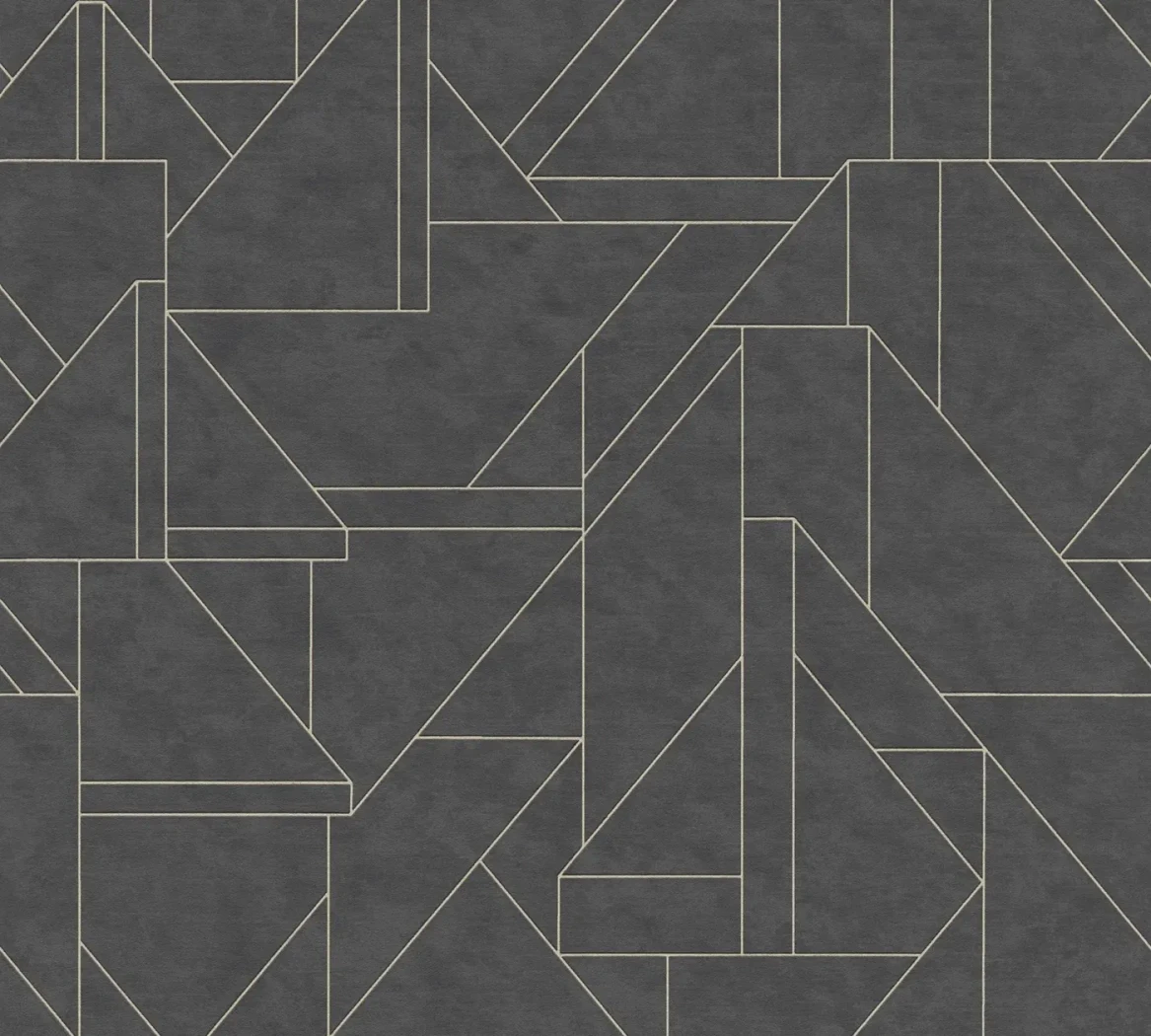 Wallpaper Ash Silver, anthracite triangles with fine gold lines