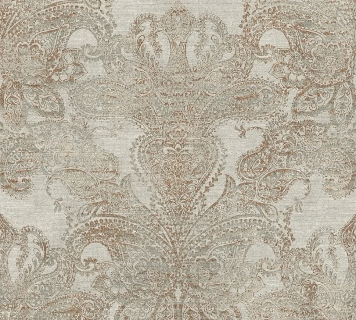 Wallpaper Soft Straw, almond green damask medallion on beige