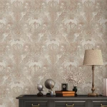Wallpaper Soft Straw, almond green damask medallion on beige