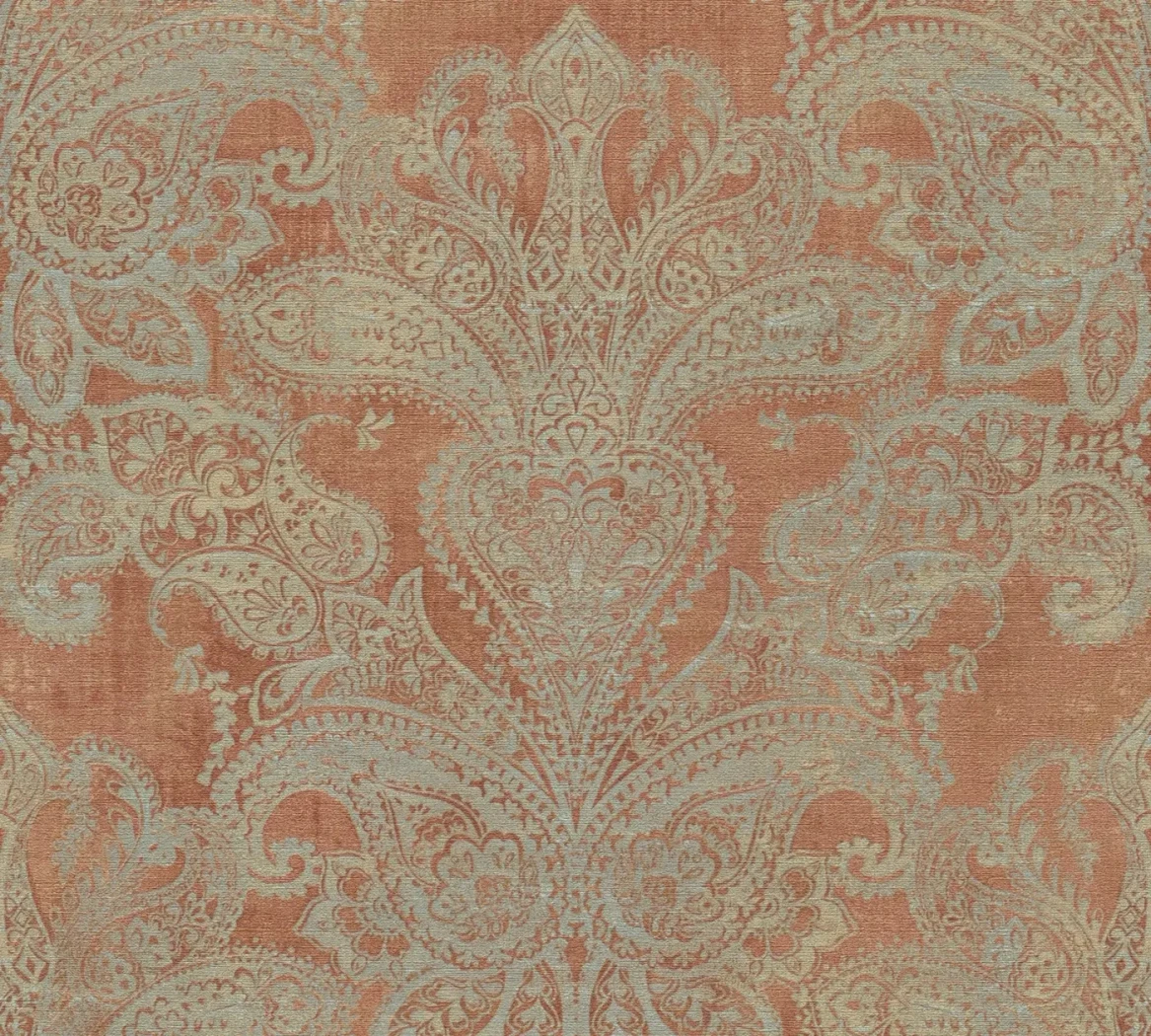 Wallpaper Soft Adobe, blue-grey paisley on terracotta ground