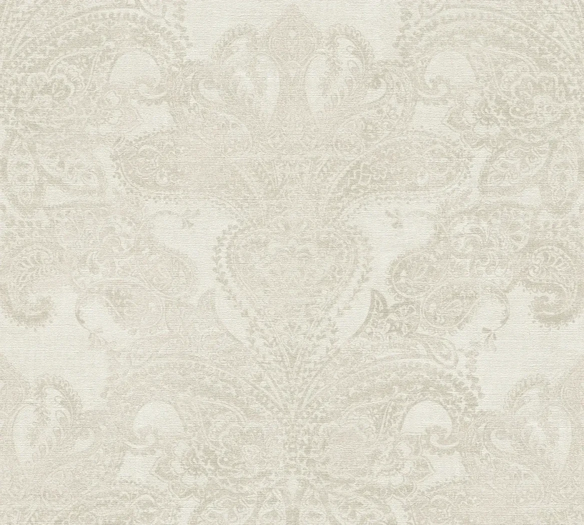 Wallpaper Veiled Almond, cream damask medallions on ivory