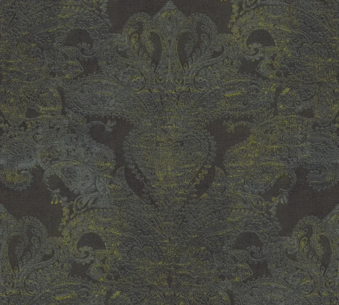 Wallpaper Dark Mist, grey and chartreuse damask on anthracite