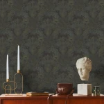 Wallpaper Dark Mist, grey and chartreuse damask on anthracite