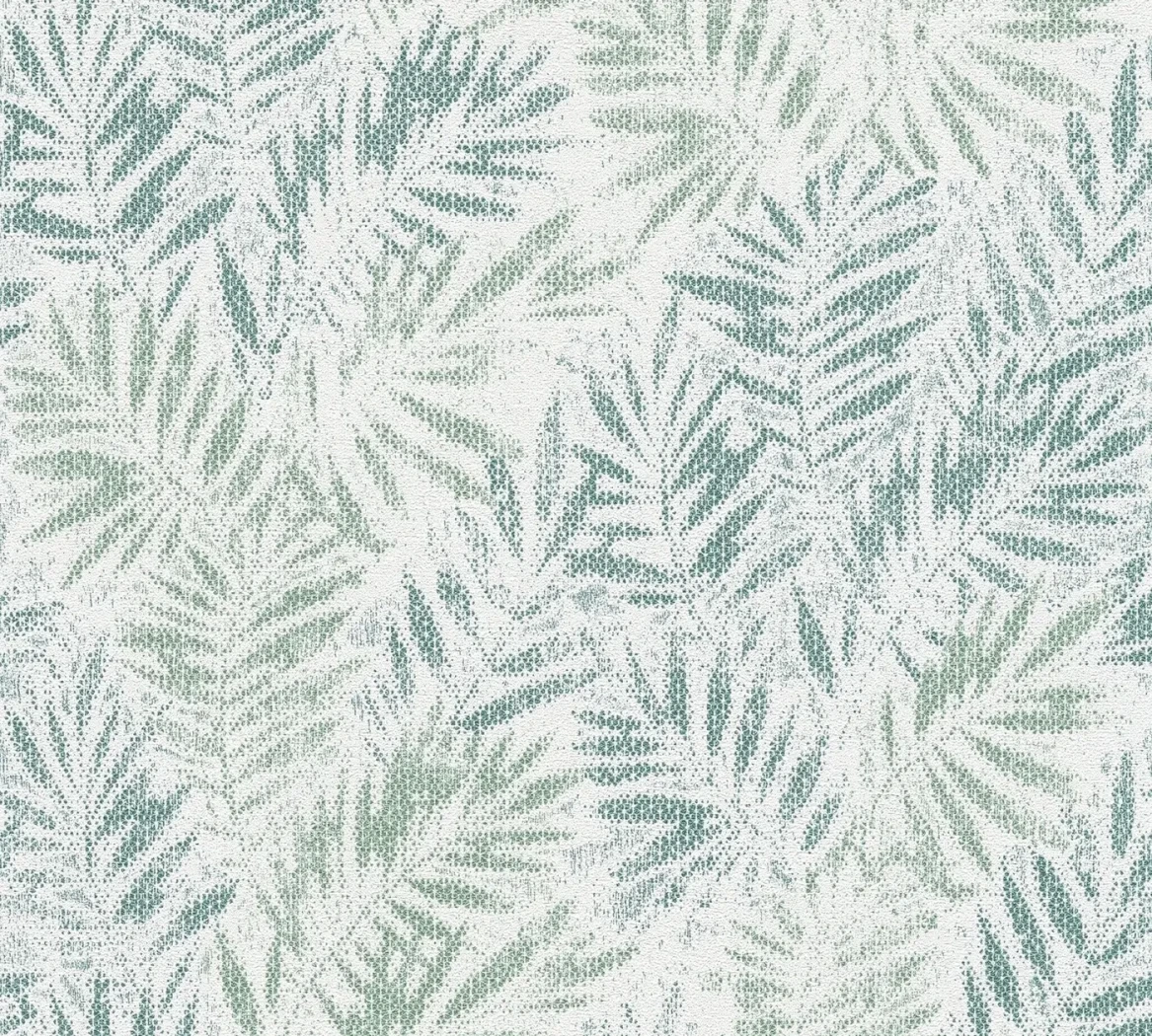 Wallpaper Veiled Lead, sage green fern fronds on white