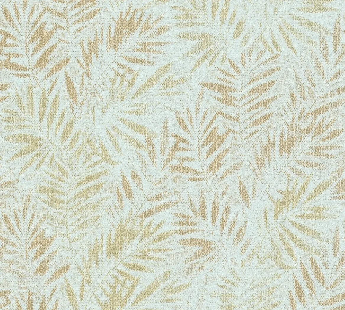 Wallpaper Veiled Sulphur, gold palm leaves on aqua green