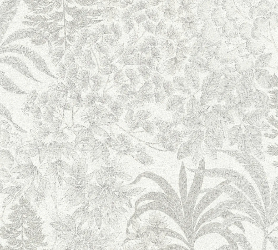 Wallpaper Light Zinc, silver-grey engraved bouquets on white