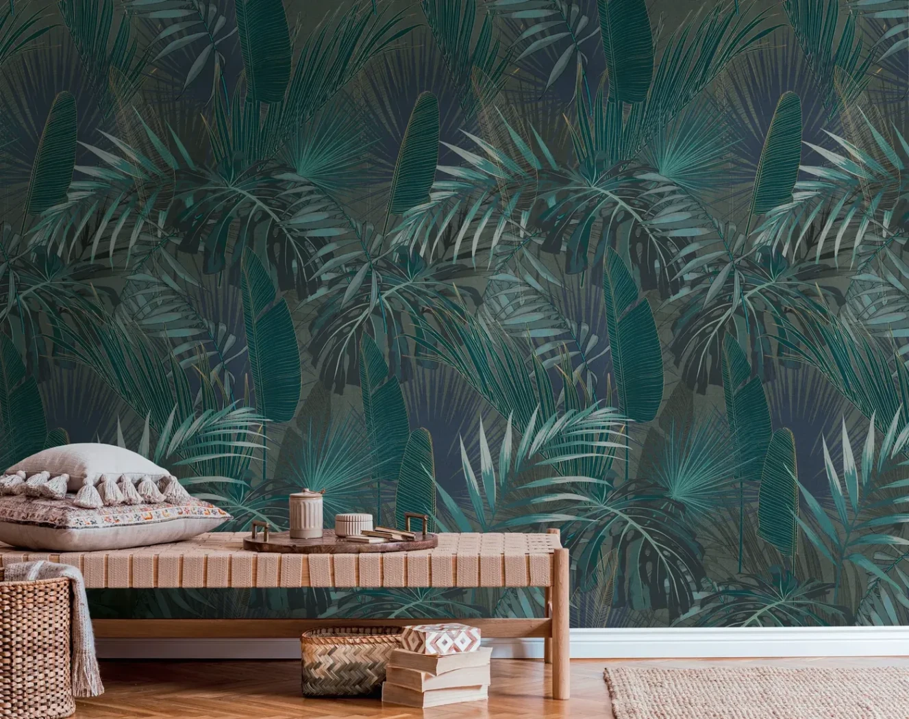 Wallpaper Deep Cement, jungle mural of green and blue-grey palm leaves