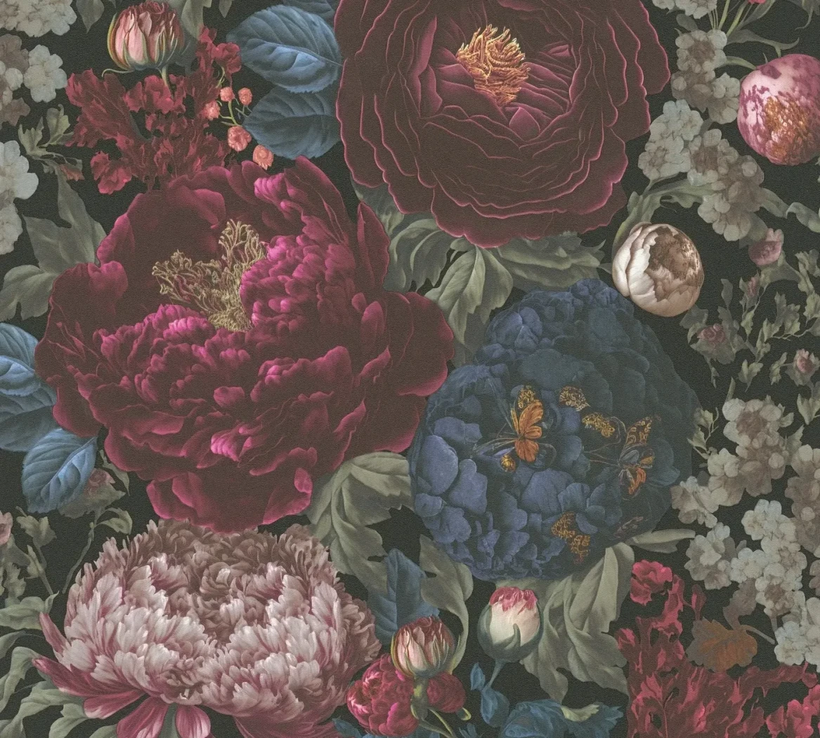 Wallpaper Deep Coral, peony and hydrangea bouquet on near-black