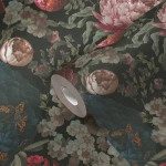 Wallpaper Deep Coral, peony and hydrangea bouquet on near-black