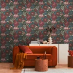 Wallpaper Deep Coral, peony and hydrangea bouquet on near-black