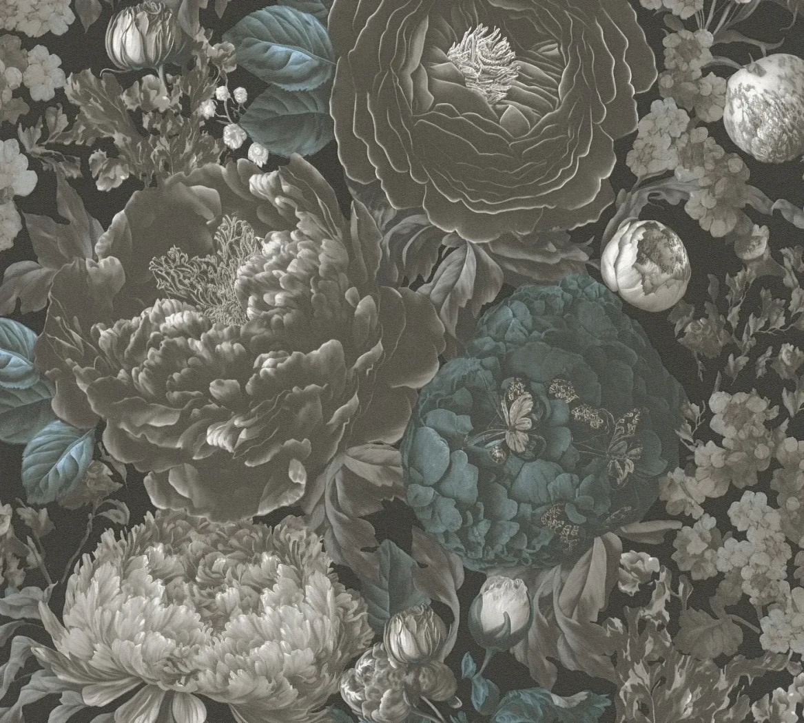 Wallpaper Deep Pewter, grey peonies on near-black ground
