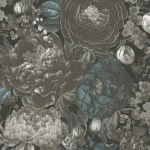 Wallpaper Deep Pewter, grey peonies on near-black ground