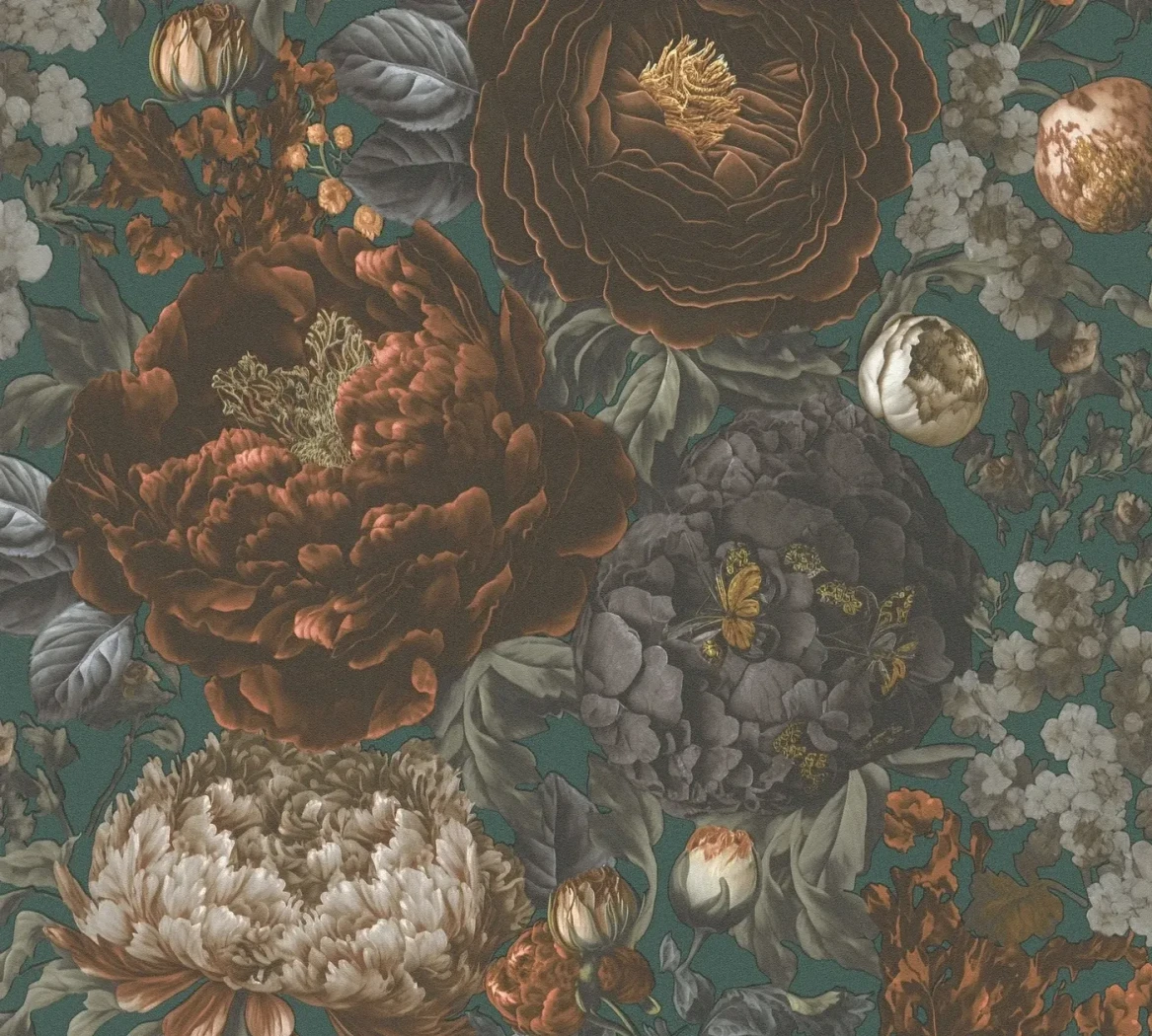 Wallpaper Deep Yellow Ochre, rust peonies and roses on dark green