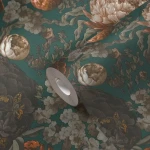 Wallpaper Deep Yellow Ochre, rust peonies and roses on dark green