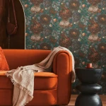 Wallpaper Deep Yellow Ochre, rust peonies and roses on dark green
