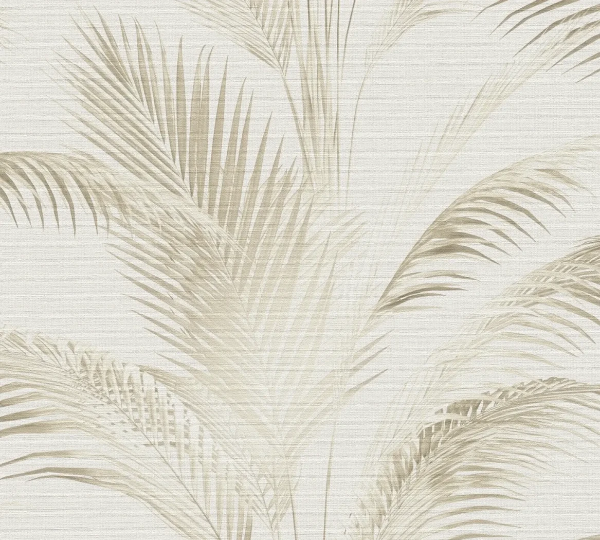 Wallpaper Pale Pewter, beige palm leaves on textured ivory