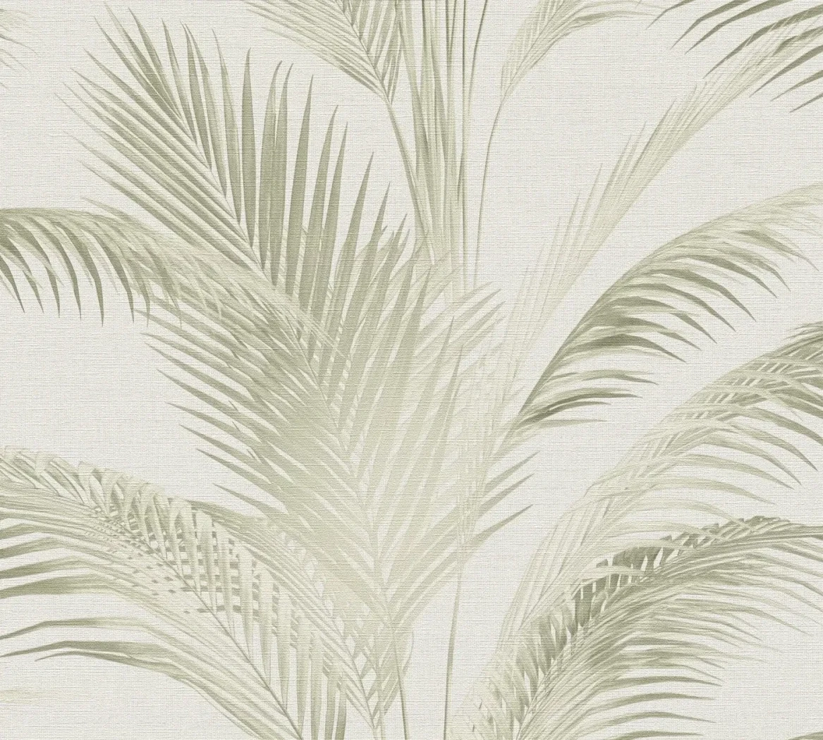 Wallpaper Veiled Mustard, green palm fronds on off-white