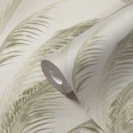 Wallpaper Veiled Mustard, green palm fronds on off-white