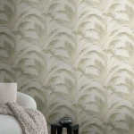 Wallpaper Veiled Mustard, green palm fronds on off-white