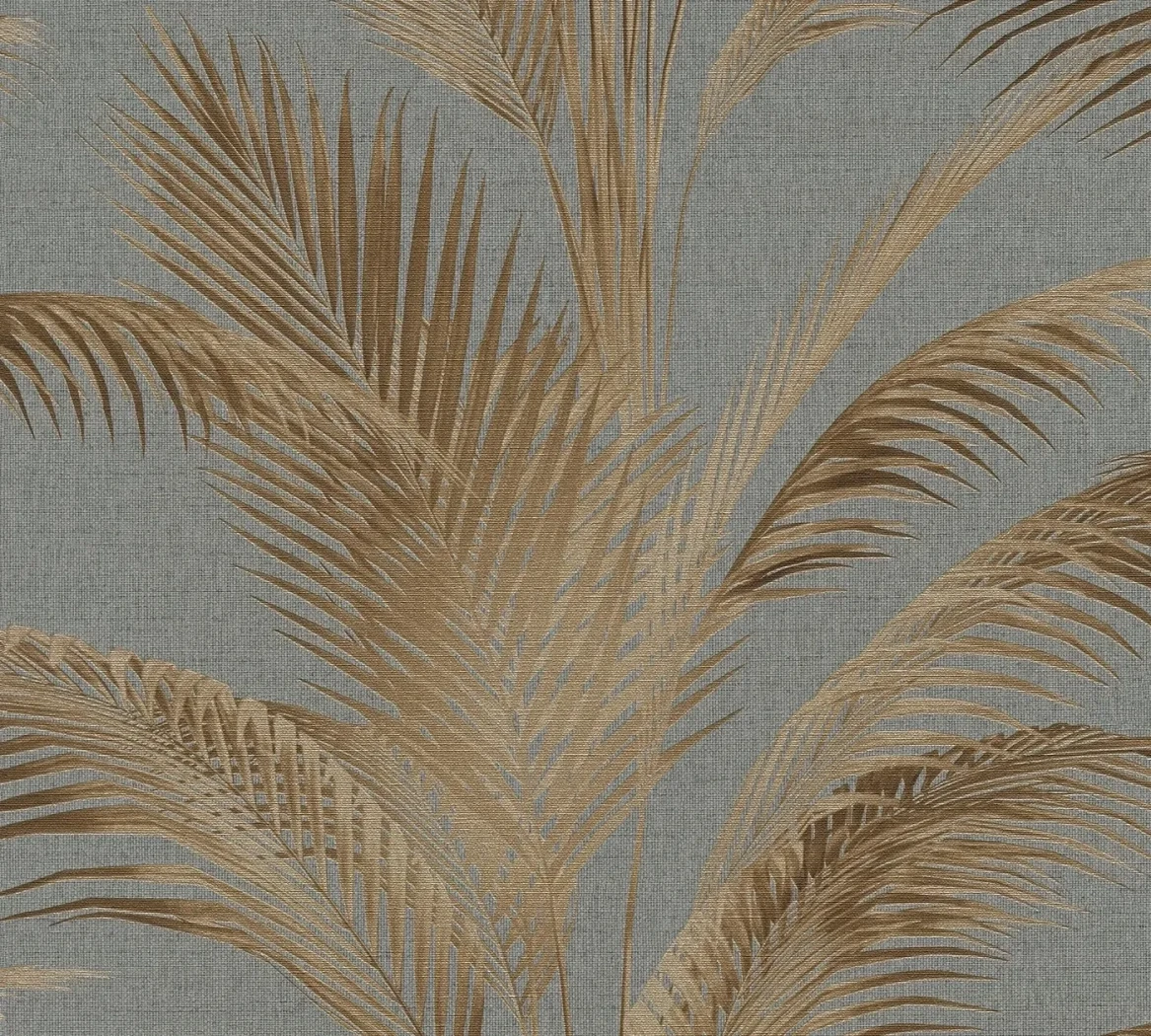 Wallpaper Soft Platinum, gold palm fronds on blue-grey canvas
