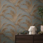 Wallpaper Soft Platinum, gold palm fronds on blue-grey canvas