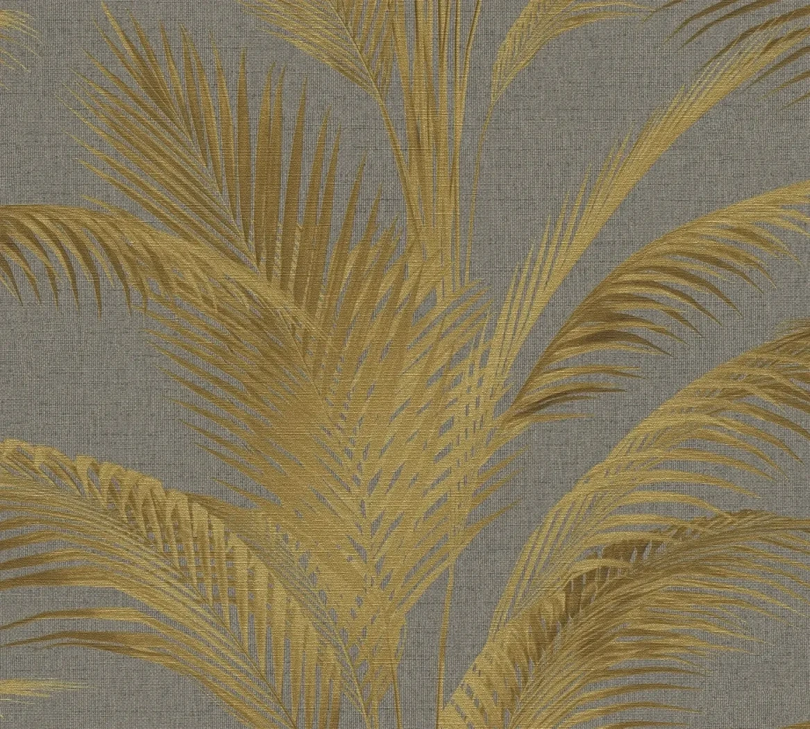 Wallpaper Misty Cement, gold palm leaves on charcoal grey