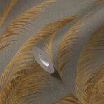 Wallpaper Misty Cement, gold palm leaves on charcoal grey