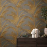 Wallpaper Misty Cement, gold palm leaves on charcoal grey