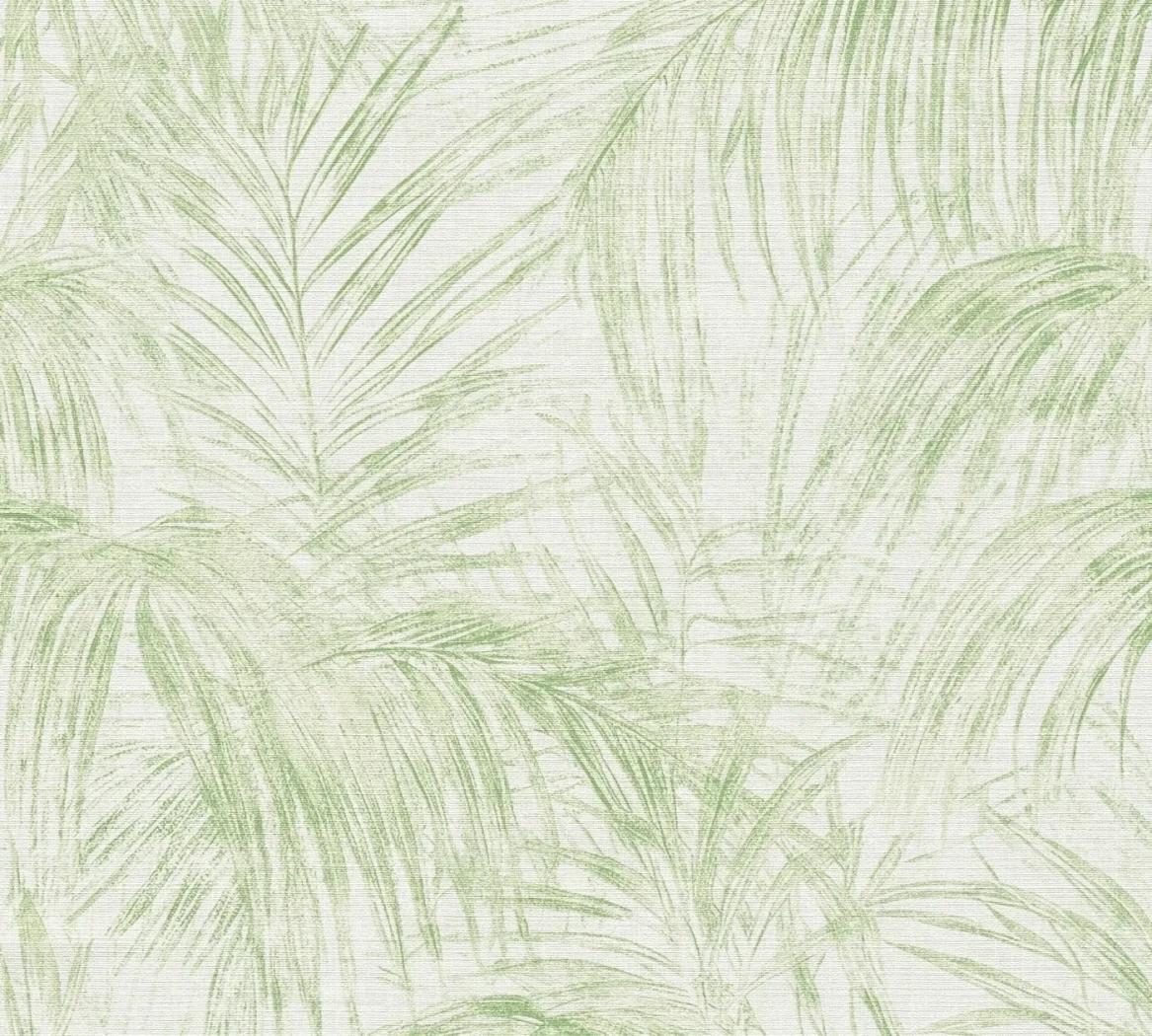 Wallpaper Pale Voile, soft green palm leaves on off-white