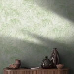 Wallpaper Pale Voile, soft green palm leaves on off-white