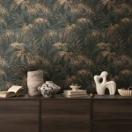 Wallpaper Ashen Cashew, gold palm fronds on dark brown