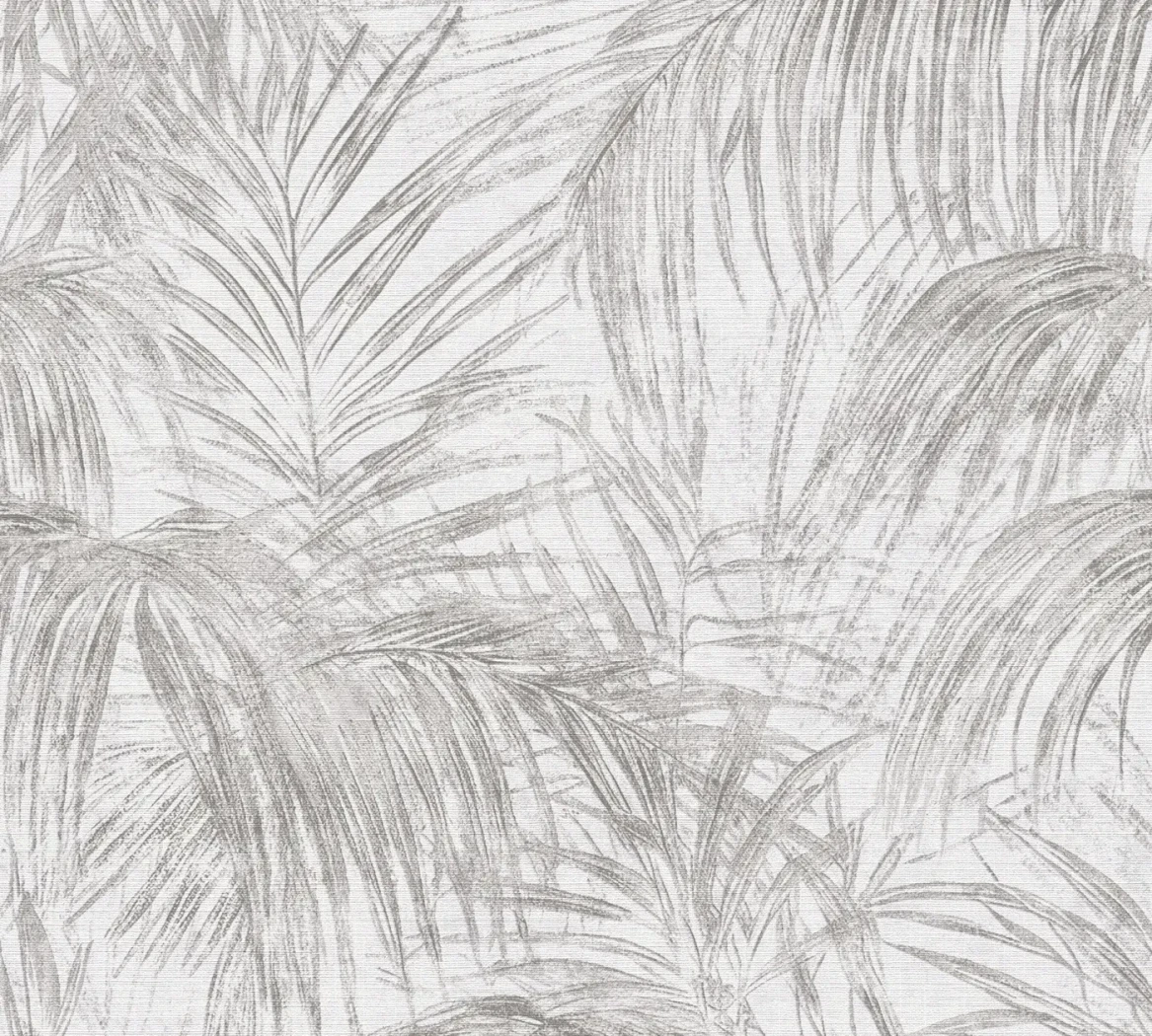 Wallpaper Veiled Flint, grey sketched palm leaves on off-white