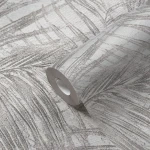Wallpaper Veiled Flint, grey sketched palm leaves on off-white