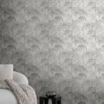 Wallpaper Veiled Flint, grey sketched palm leaves on off-white