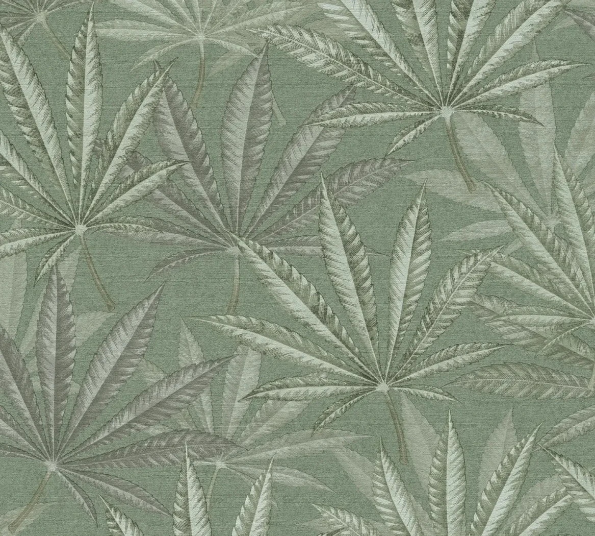 Wallpaper Soft Verdigris, sage and grey-green palmate leaves