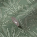 Wallpaper Soft Verdigris, sage and grey-green palmate leaves